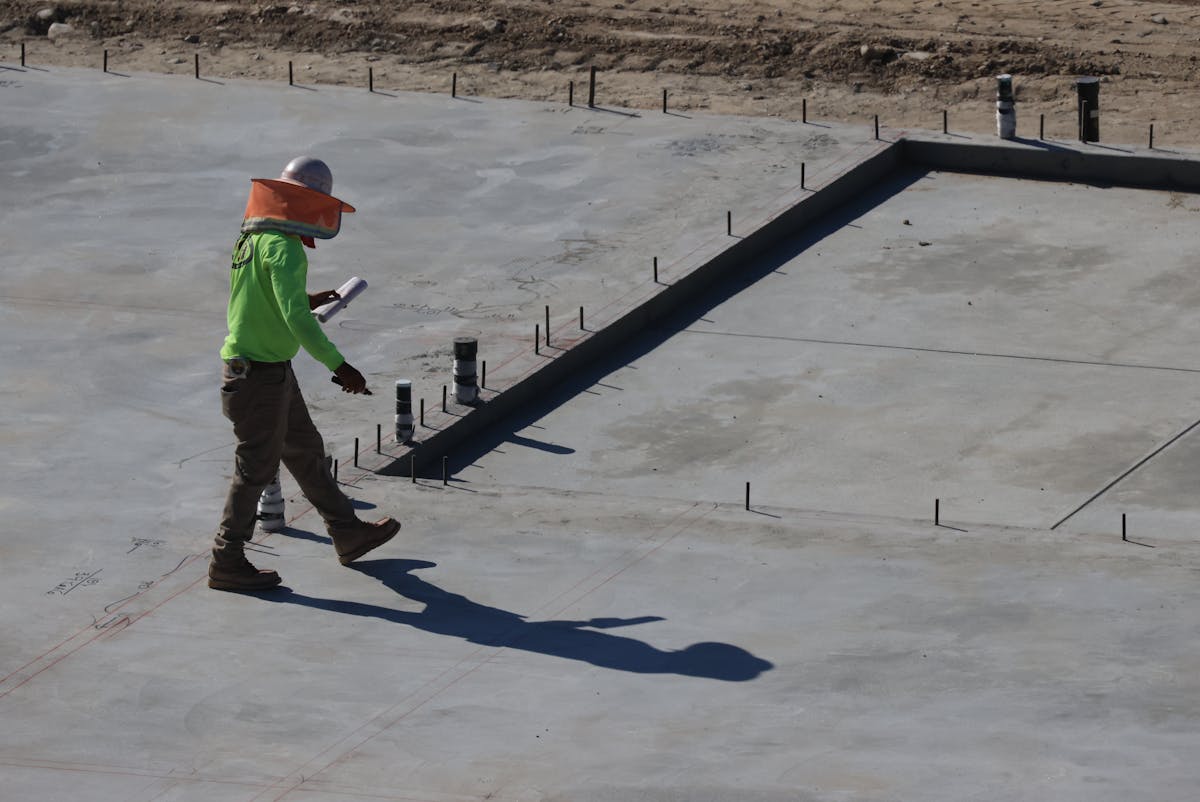 Large finished concrete slab under inspection